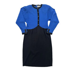 Vintage Don Sayers for Wellmore Dress 12 Blue Black Colorblock Knit Rayon Wool